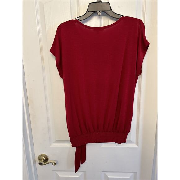 AUW size Medium Red Solid Slit Sleeve design, Tie Waist Polyester Blouse - Picture 4 of 9
